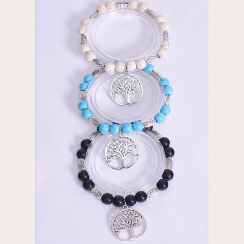 Dozen Pack 10 mm Beaded Tree of Life Charm Stretchy Bracelet Wholesale